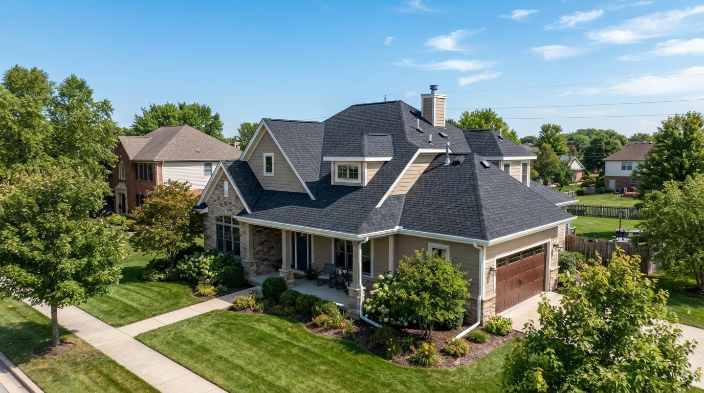 Newly installed residential roof on a suburban home