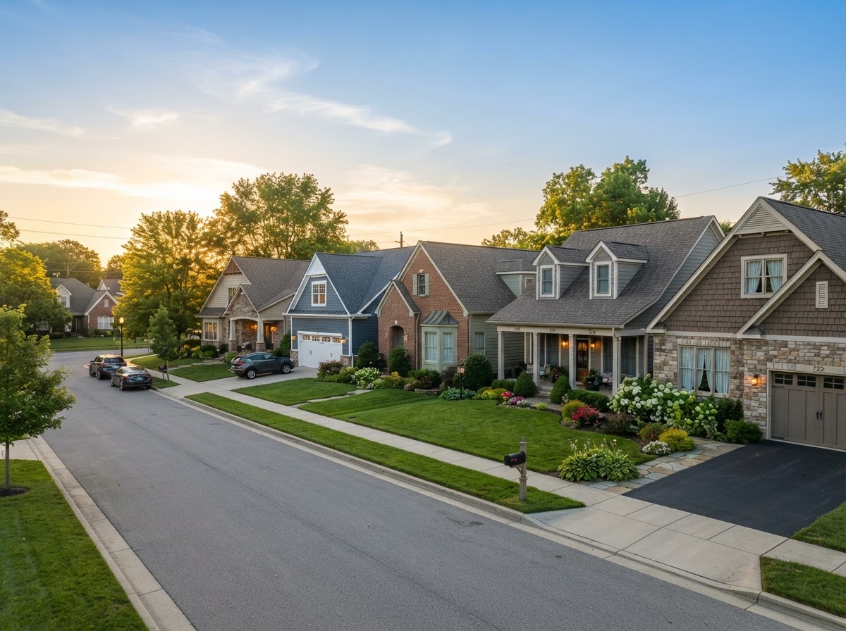 Row of suburban rental homes at golden hour