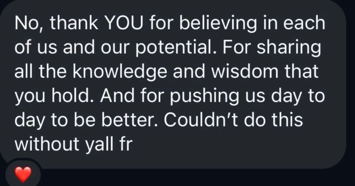 Client message thanking the coaches for sharing knowledge and pushing clients day to day