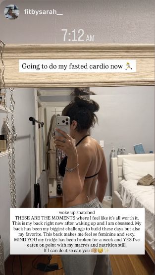Progress photo and message shared by @fitbysarah__ discussing macros, back development and consistency