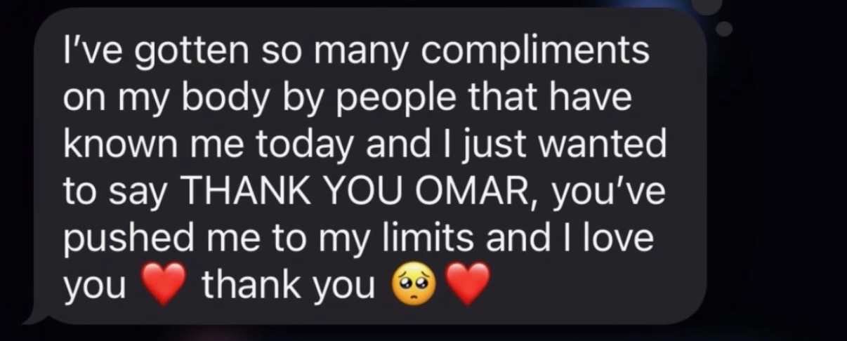 Client message about receiving compliments on her body from people who have known her