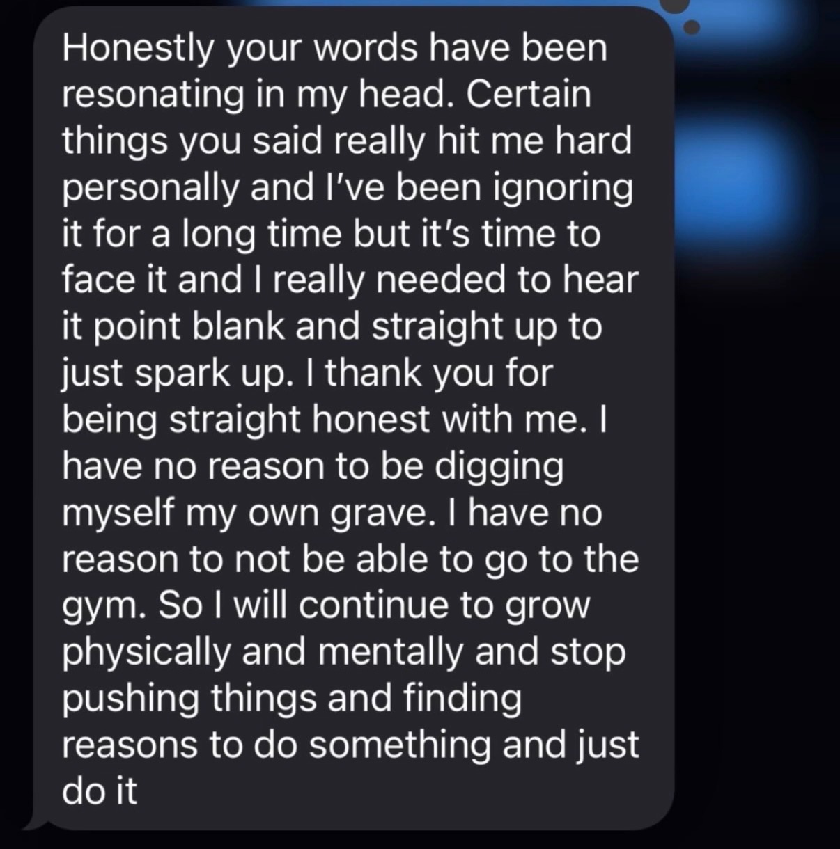 Client direct message to Omar thanking him for honest feedback and motivation