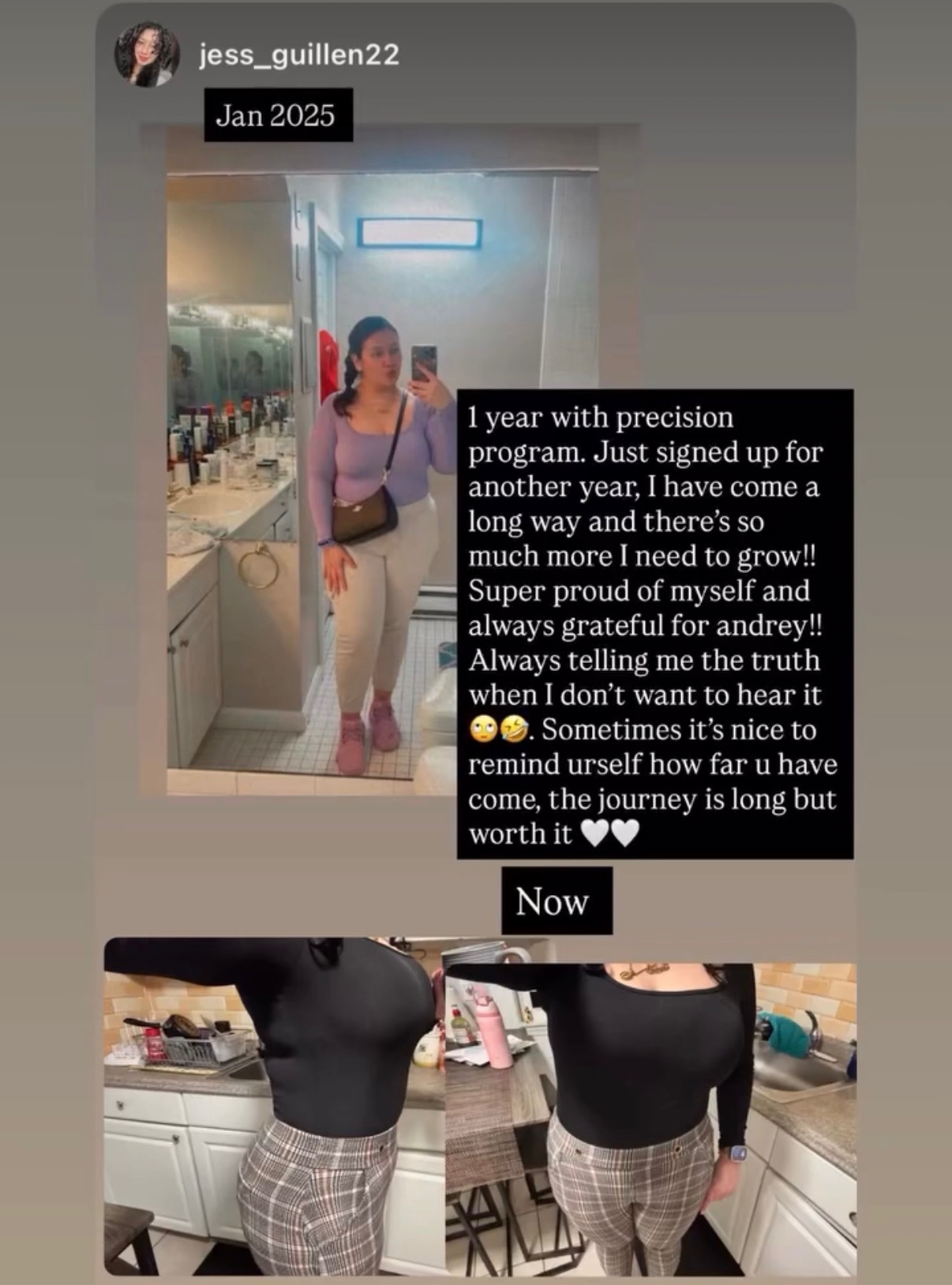 Progress collage shared by client @jess_guillen22 showing a January 2025 photo alongside later photos