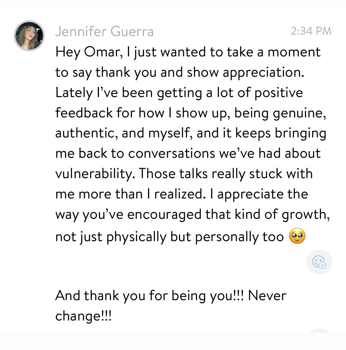 Message from Jennifer Guerra to Omar about physical and personal growth