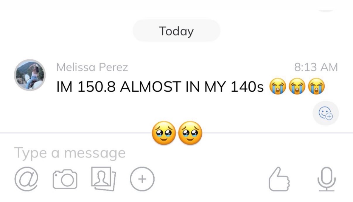 Message from Melissa Perez reporting 150.8 and nearing the 140s