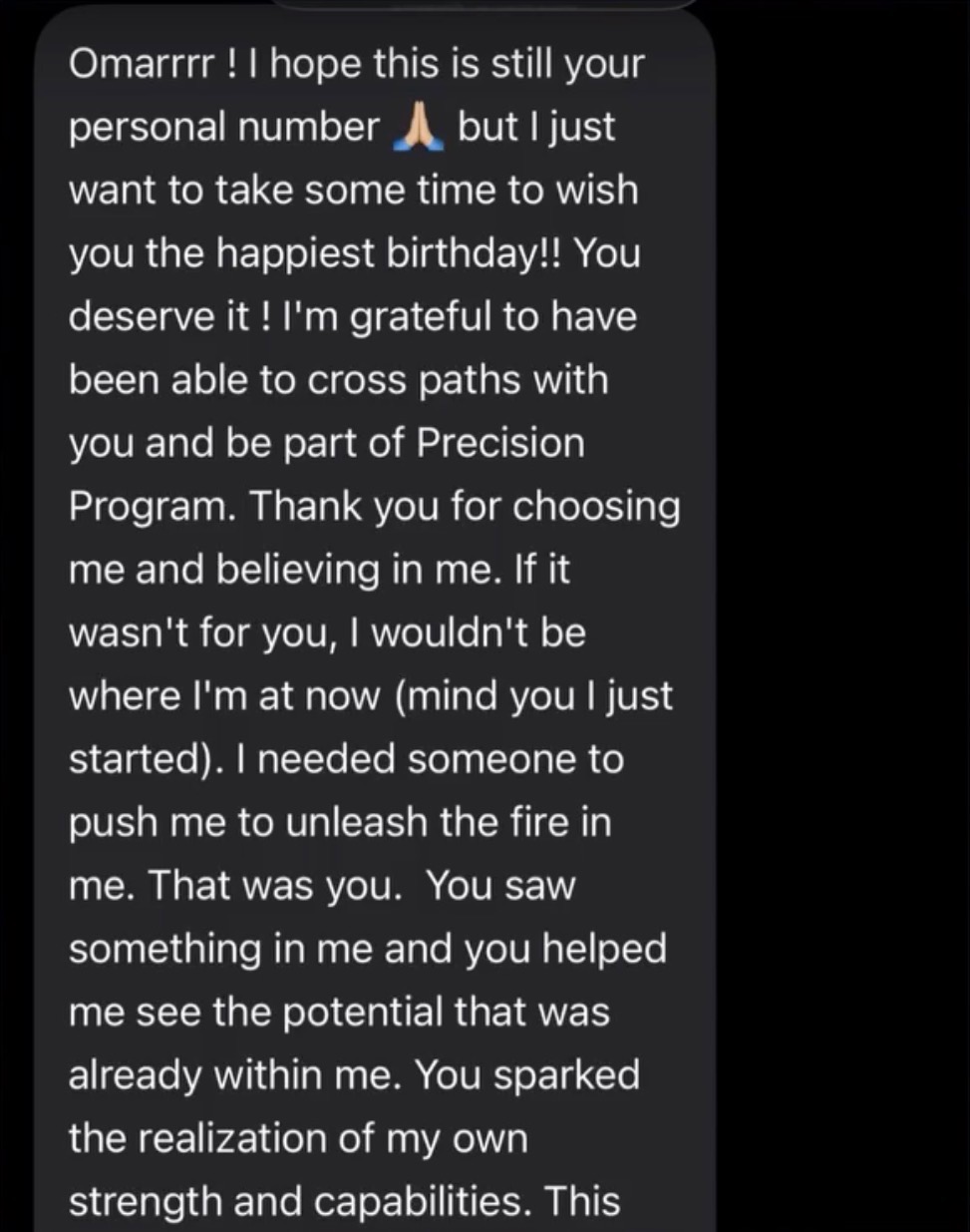 Anonymous birthday and gratitude message to Omar about belief, strength and potential
