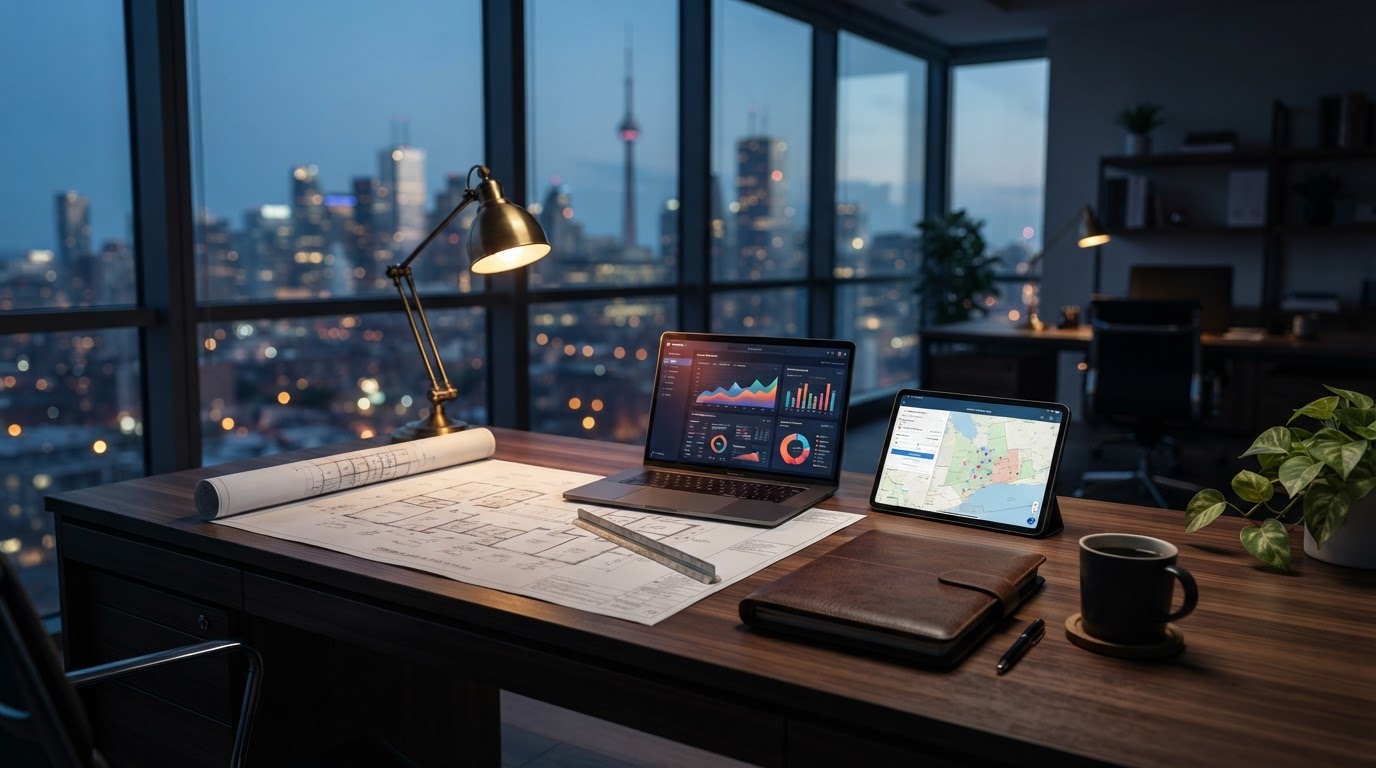 Modern Ontario real estate brokerage desk with market data, property maps and architectural blueprints