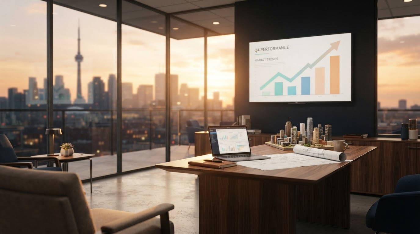 Modern real estate office with a presentation screen showing business growth charts and a city skyline view