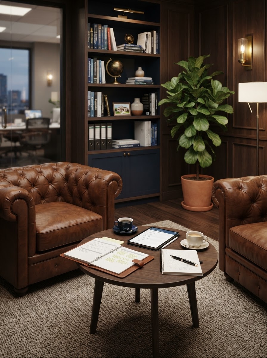 Two leather chairs across a table with business plans and a tablet in a modern real estate office