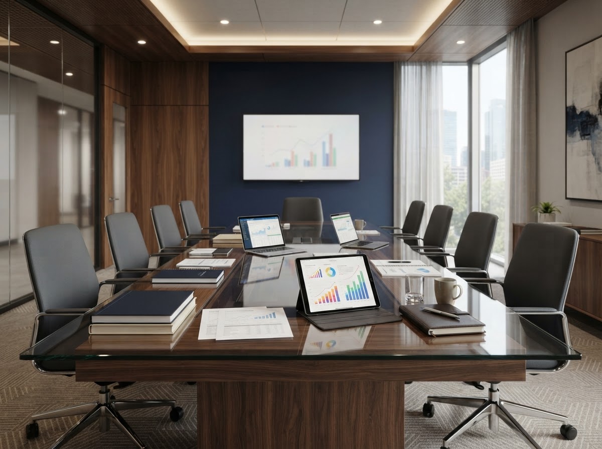 Premium boardroom table with business planning documents, laptops and property listings