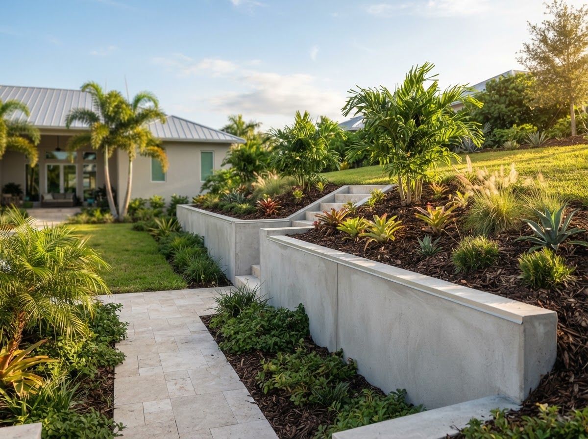 Concrete retaining wall holding back soil on a sloped residential yard in Alafaya, Florida