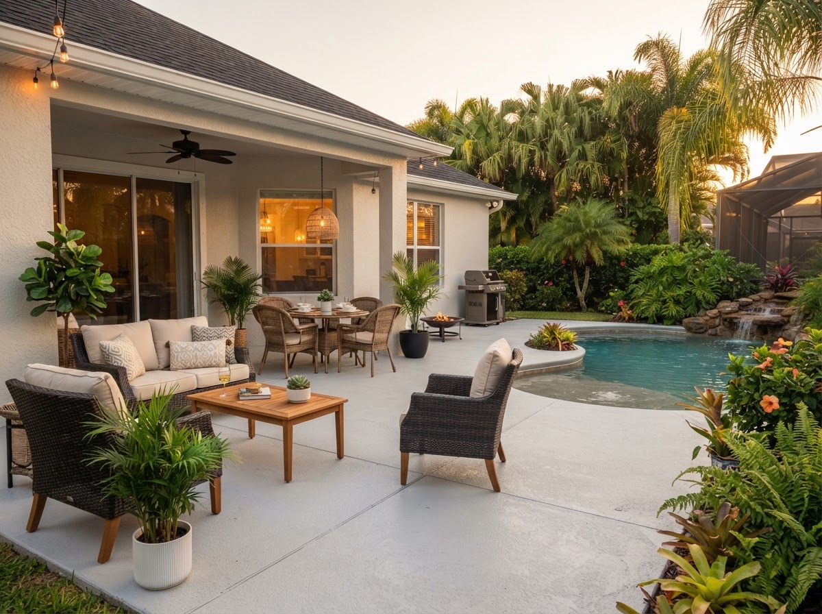 Backyard concrete patio with outdoor furniture at an Alafaya, FL residence