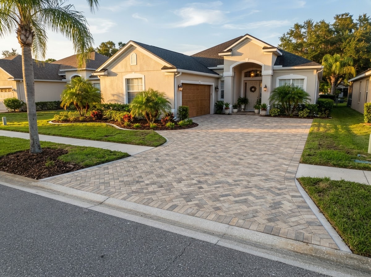 Newly installed concrete paver driveway and walkway with herringbone pattern in front of an Alafaya, FL home