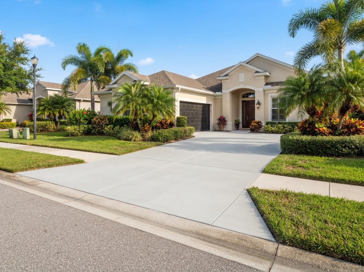 Smooth newly poured concrete driveway in front of an Alafaya, Florida home