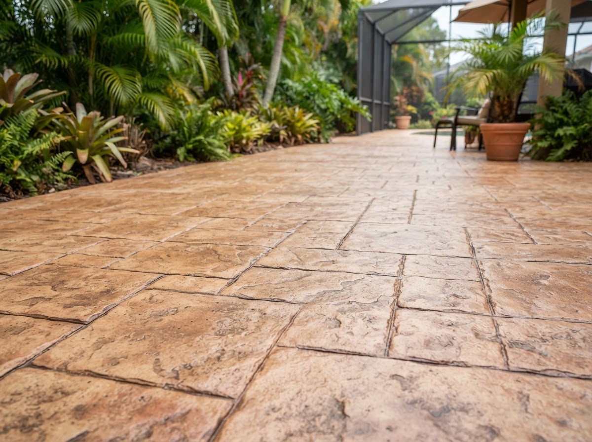 Decorative stamped concrete patio surface with stone-texture pattern in Alafaya, Florida