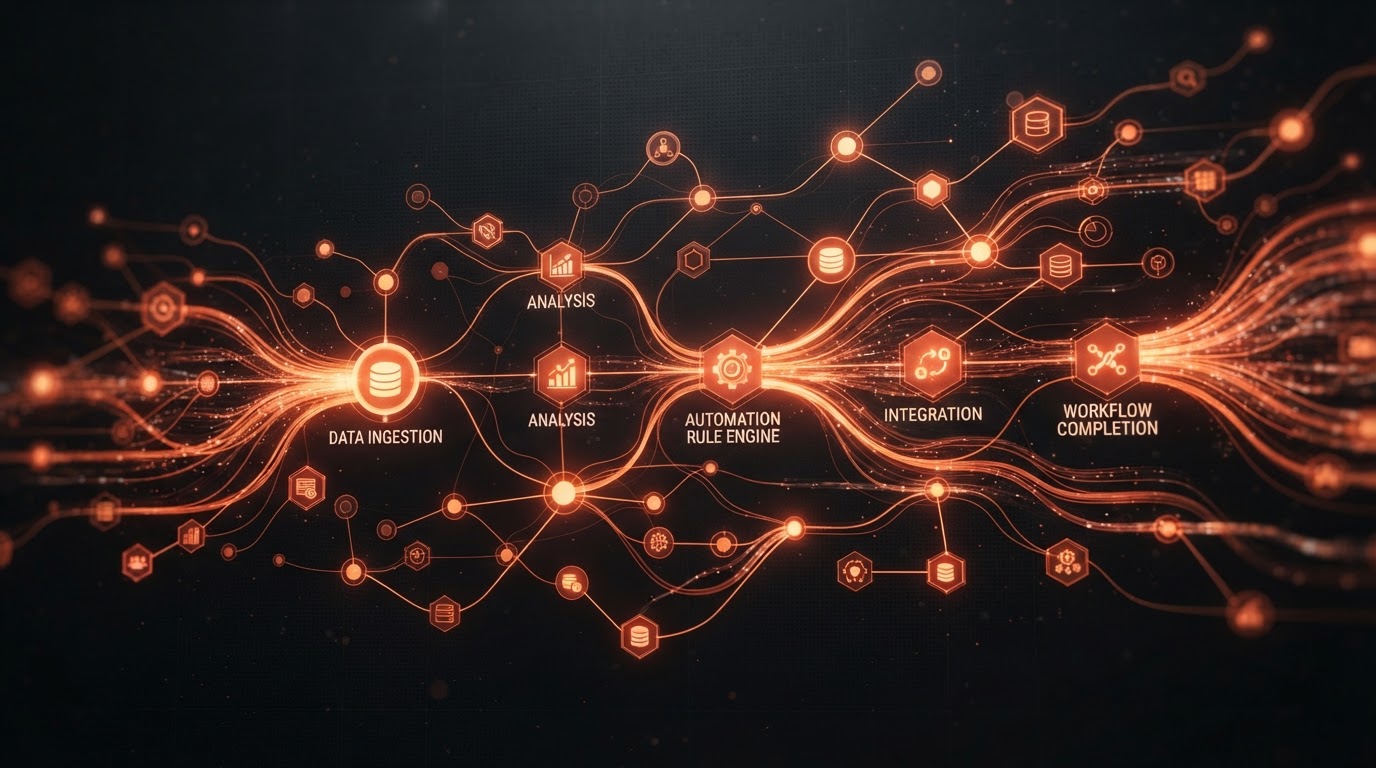 Abstract workflow nodes connected by glowing ember lines on a dark background