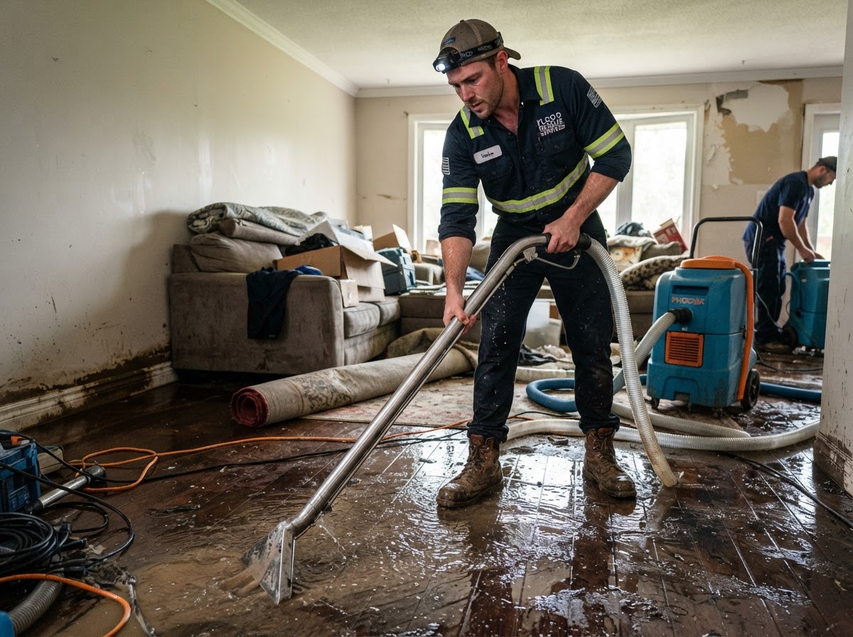 Restoration technician operating a professional water extractor on a flooded residential living room floor.