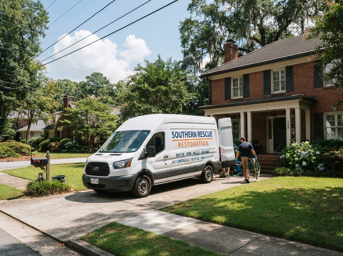 Professional restoration service vehicle parked in front of a residential home representing Evergreen's Waycross, GA service area.