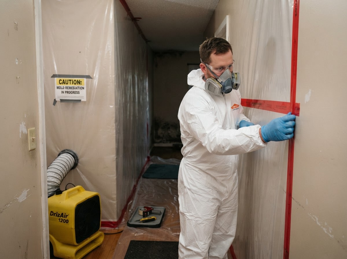Professional setting up containment barriers in a home hallway prior to mold remediation work.