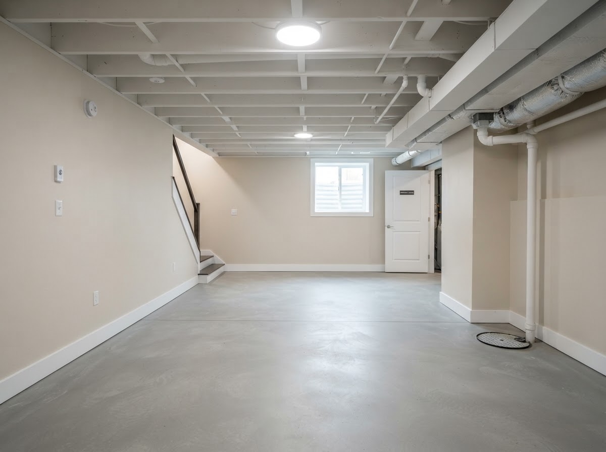 Fully restored and dried residential basement following professional water damage remediation.