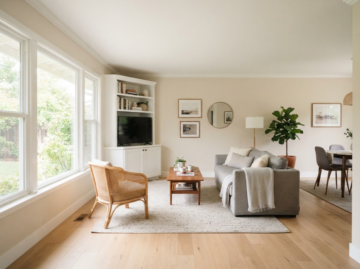 Clean and fully restored residential room after professional water damage restoration is completed.