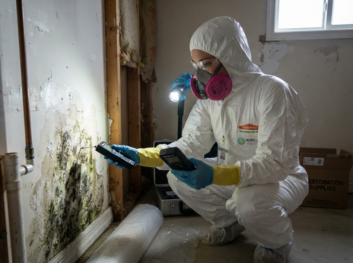 Restoration technician inspecting mold growth on interior wall during a home assessment.