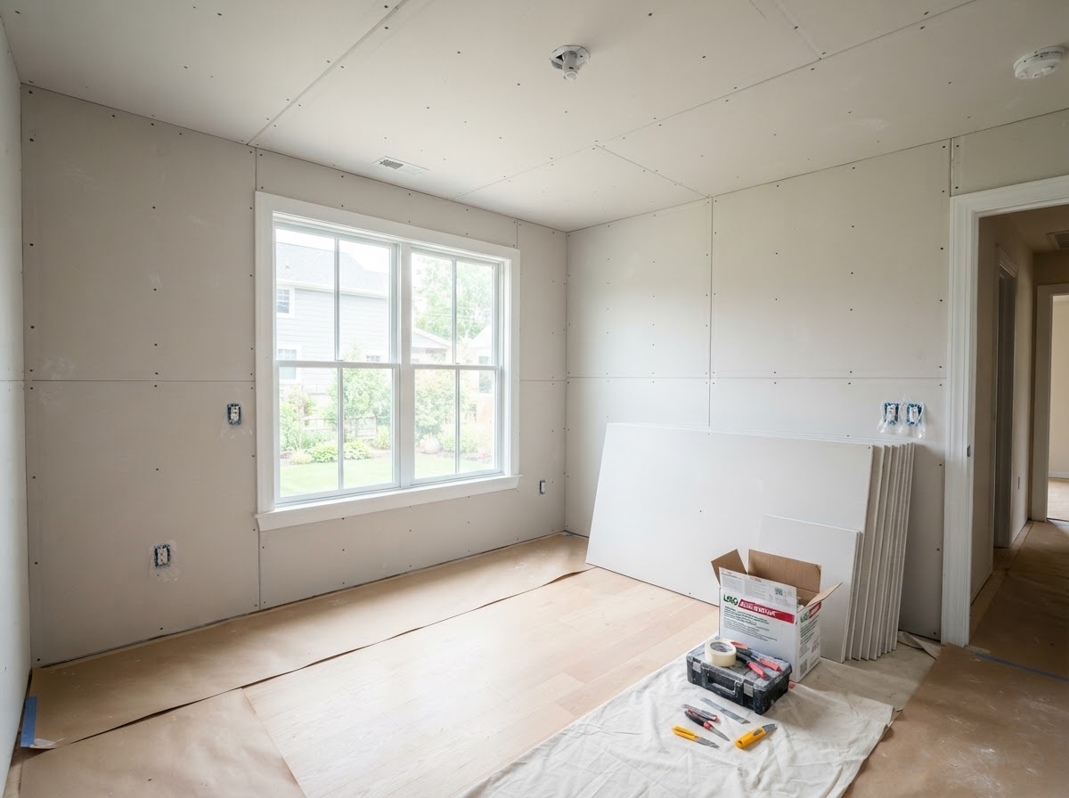 Clean residential room with new drywall following completion of professional mold remediation.