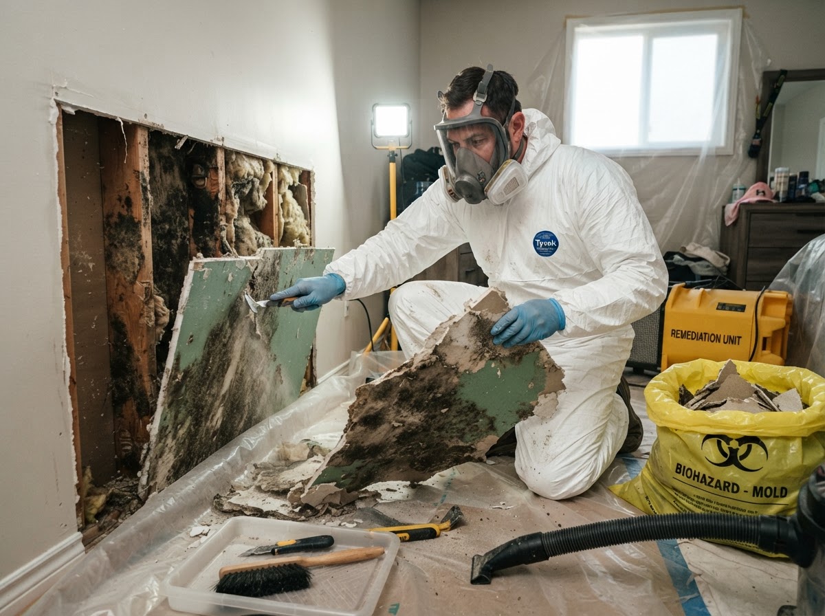 Mold remediation technician removing affected drywall inside a residential property during professional mold removal.