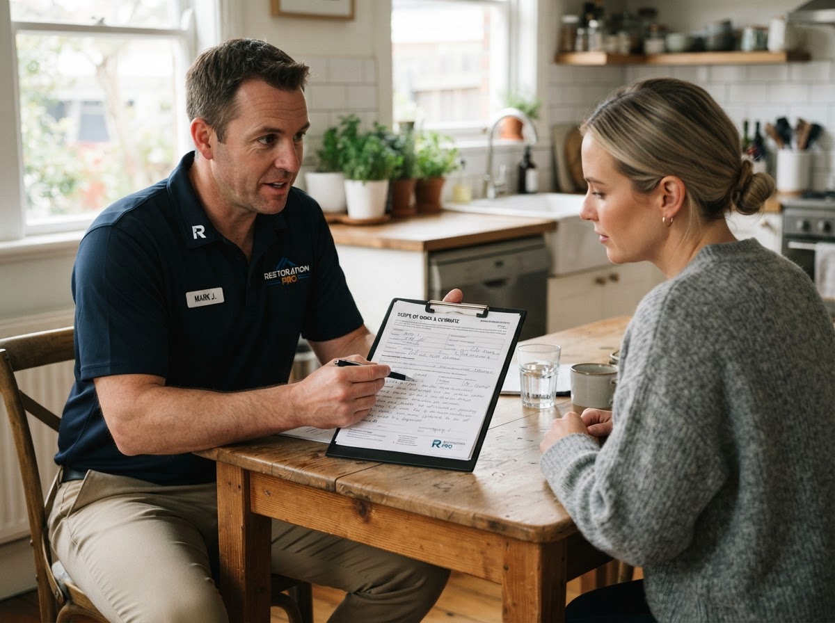 Restoration professional reviewing a written estimate with a homeowner during an in-home consultation.