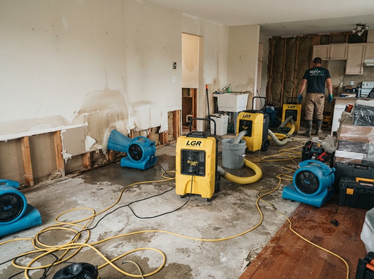 Industrial air movers and dehumidifiers operating in a water-damaged room during professional structural drying.