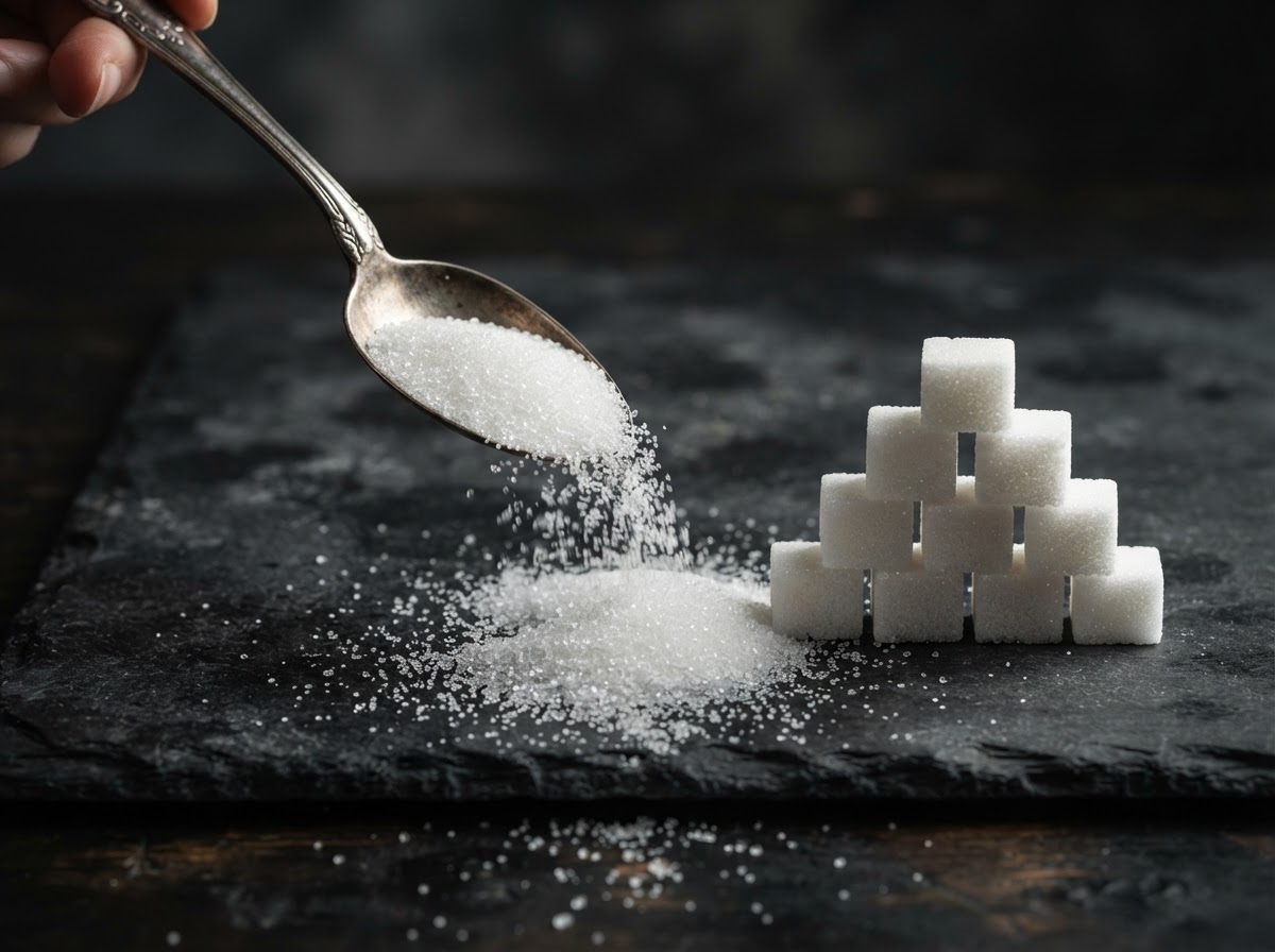 Sucre blanc raffiné et morceaux de sucre illustrant l'omniprésence du sucre ajouté