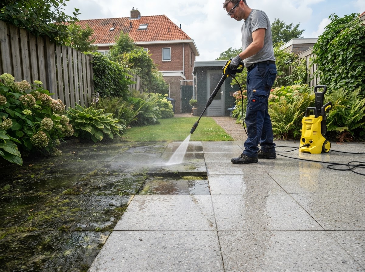 Terras en bestrating reinigen met professionele apparatuur