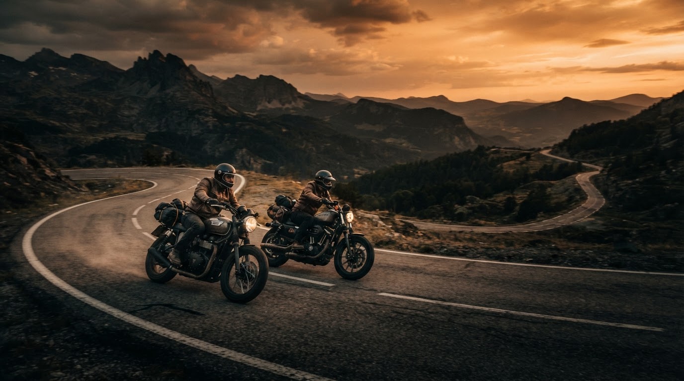 Motorcycle riders cruising an open scenic road at golden hour