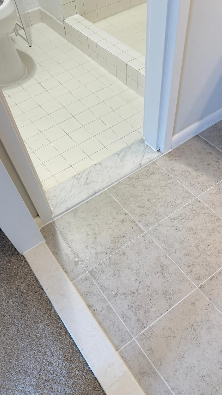 Instalación de Azulejos en Baño con Transición de Umbral de Mármol
