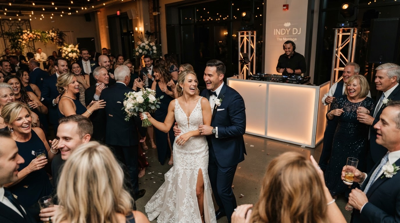Indianapolis luxury wedding reception with packed dance floor and modern DJ setup