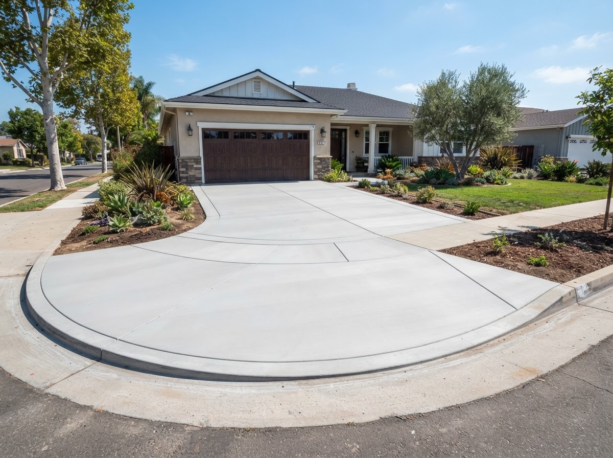Completed concrete driveway replacement with curved street apron and fresh smooth surface in Lakewood CA