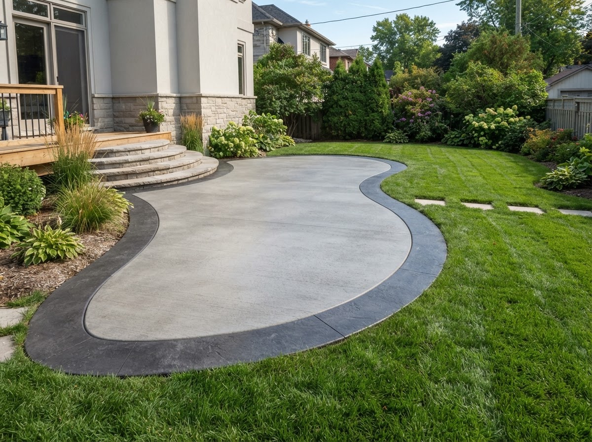 Finished curved decorative concrete patio with contrasting darker border detail