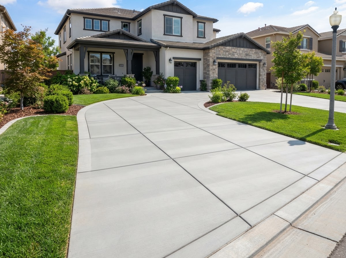 Finished wide two-car residential concrete driveway with trowel finish and clean contraction joints in Lakewood CA