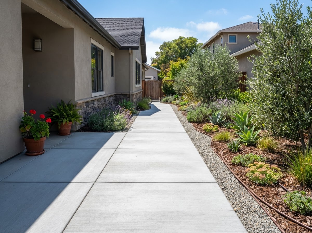 Finished concrete walkway with broom-finished surface and clean expansion joints beside a Lakewood, CA home