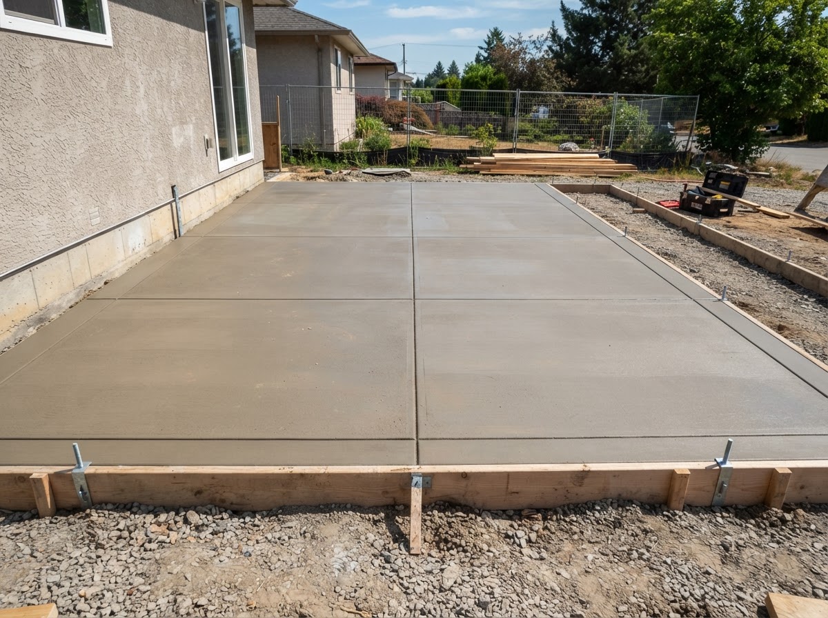 Finished residential foundation slab with smooth trowel finish and saw-cut control joints on a Lakewood, CA addition project