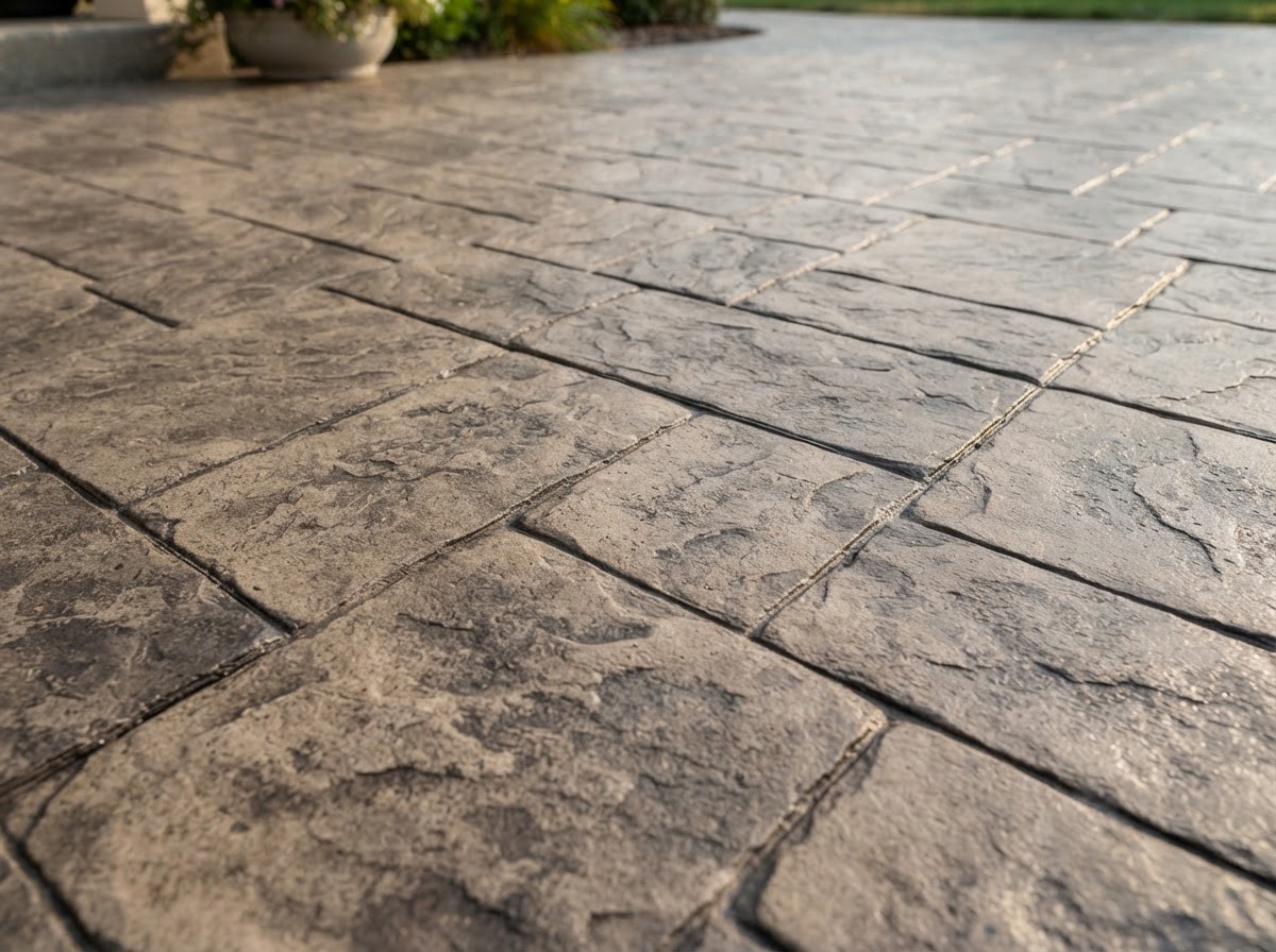 Stamped concrete patio surface detail showing ashlar stone pattern in warm gray-brown