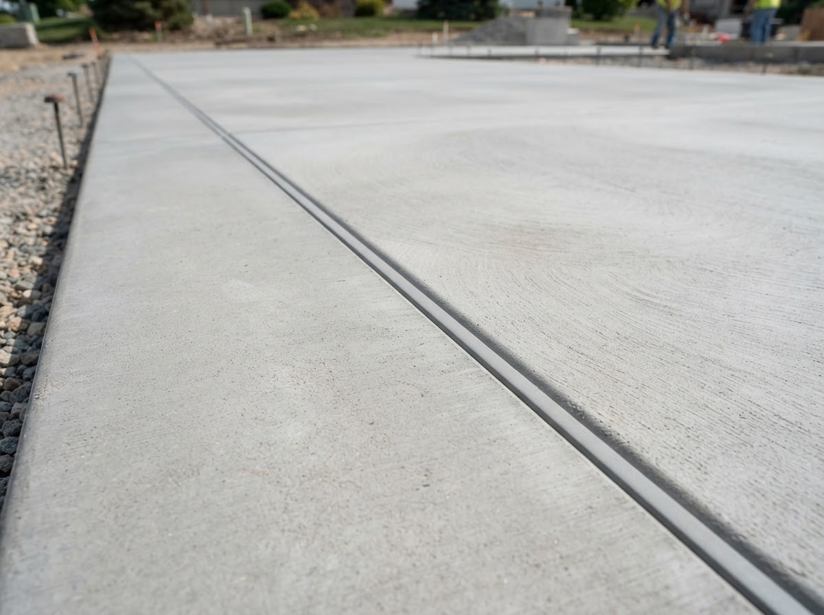 Finished smooth concrete slab surface with clean trowel finish and expansion joint