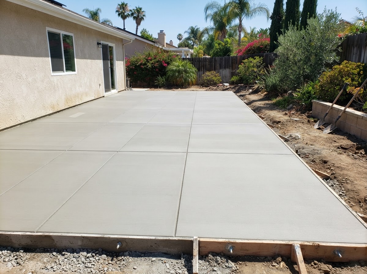 Finished concrete foundation slab for a residential home addition with smooth trowel finish and saw-cut control joints in Lakewood, CA