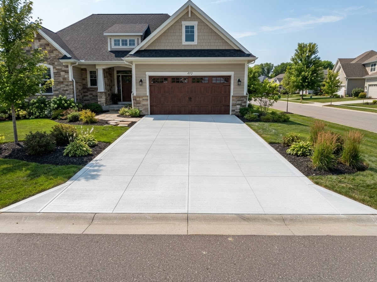 Finished residential concrete driveway with smooth broom finish leading to a suburban garage in Lakewood CA