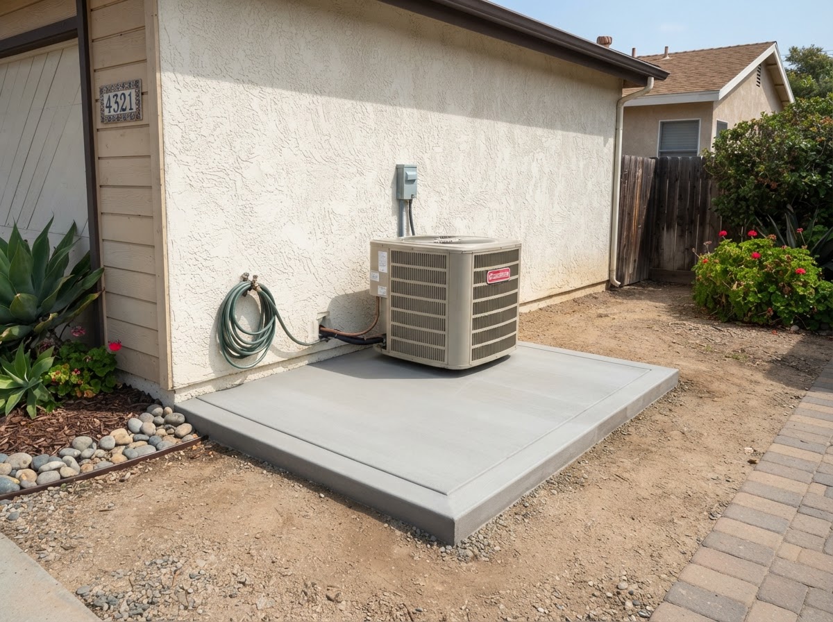 Completed concrete equipment pad for an outdoor AC unit with smooth finished surface and clean edges in Lakewood, CA