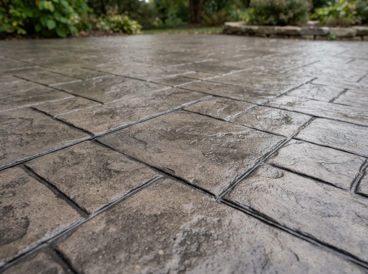 Stamped concrete patio surface detail with ashlar stone pattern in warm gray-brown