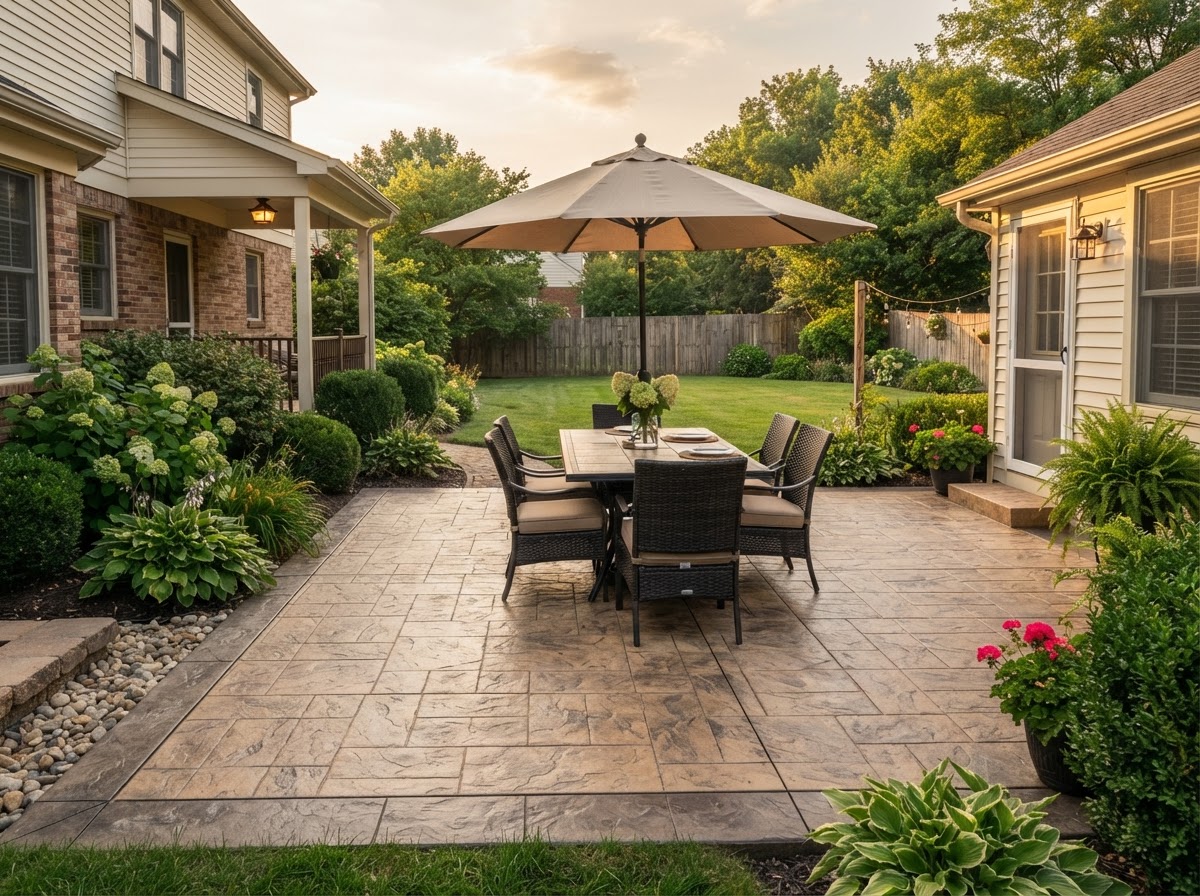 Finished stamped concrete backyard patio with slate texture in warm tan and gray tones