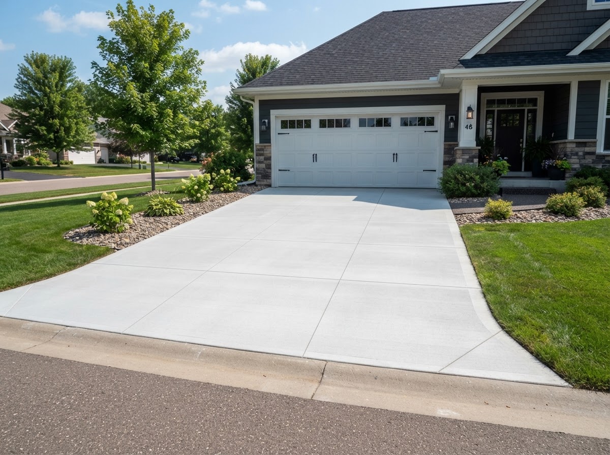 Finished driveway replacement with new smooth concrete in place of old cracked surface in Lakewood CA