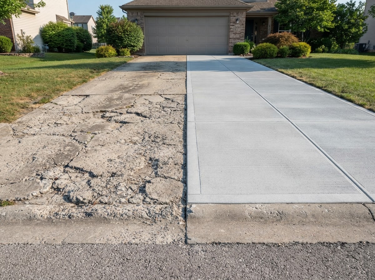 Residential concrete driveway replacement showing new smooth concrete beside the removed old surface