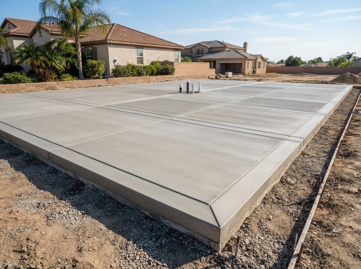 Finished concrete foundation slab with smooth trowel finish and saw-cut joints on a Lakewood residential property